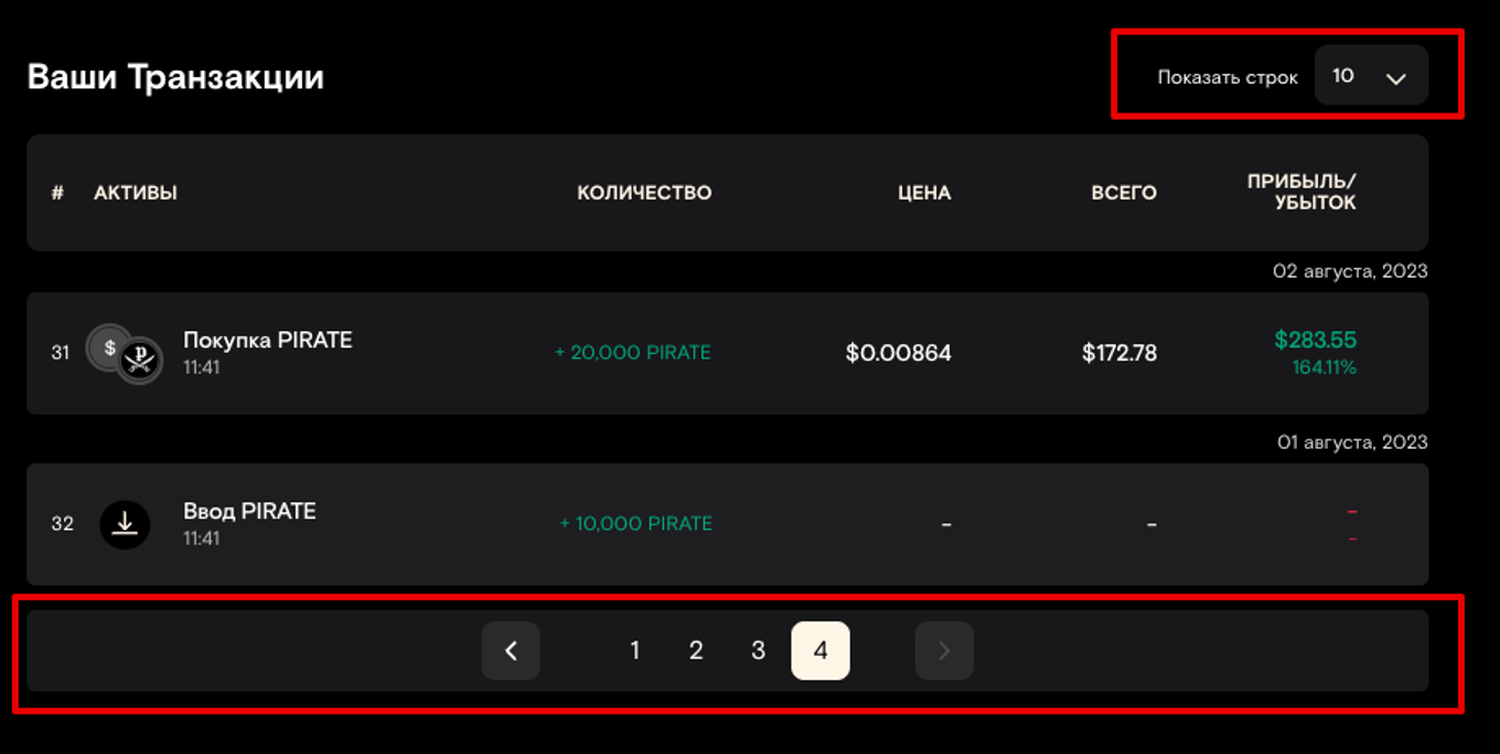 Таблица транзакций